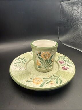 Yankee Candle Botanical Ceramic Plate & Votive Holder Set Floral Green
